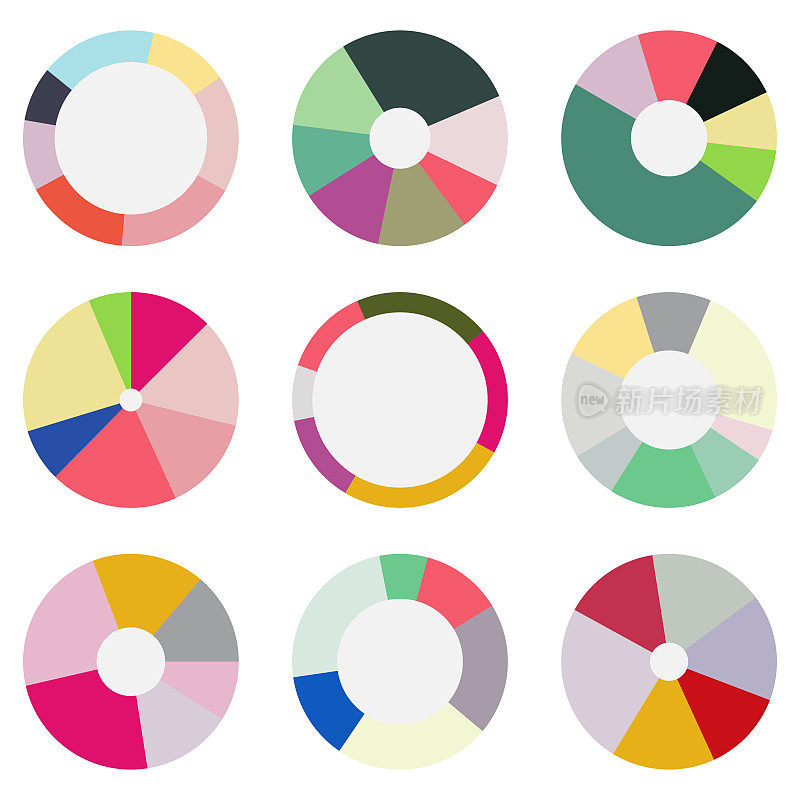 向量抽象集合颜色进度条饼图5 6 8段随机信息图元素，百分比拼图